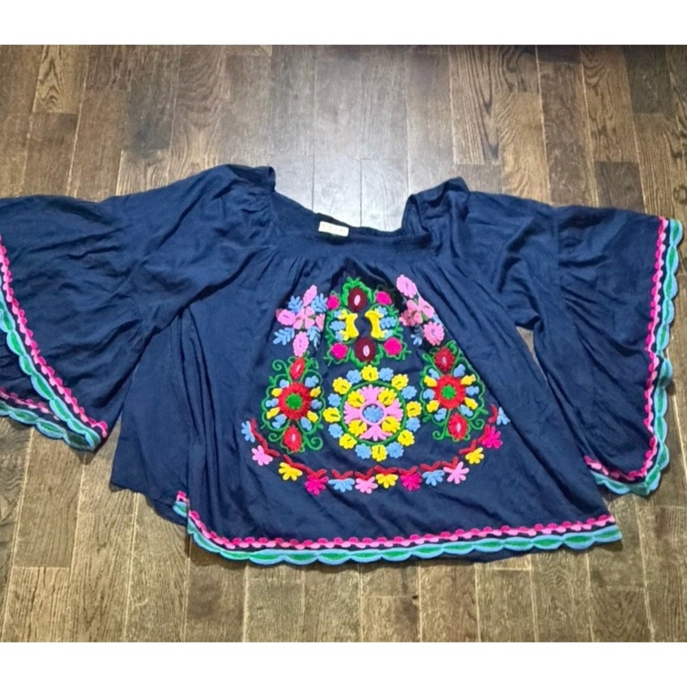 Ruby Yaya Embroidered Boho Peasant Top Bell Sleeve Navy Floral Blouse XL